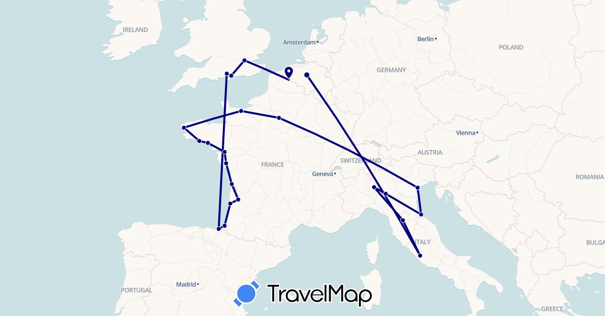 TravelMap itinerary: driving in Belgium, Spain, France, United Kingdom, Italy (Europe)